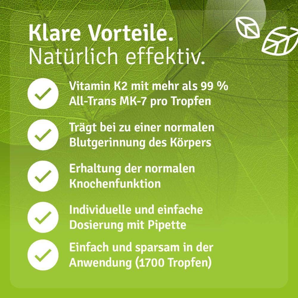 Text mit Vorteilen: Vitamin K2 mit mehr als 99% All-Trans MK-7, trägt zur normalen Blutgerinnung bei, Knochenfunktion, Dosierung mit Pipette.