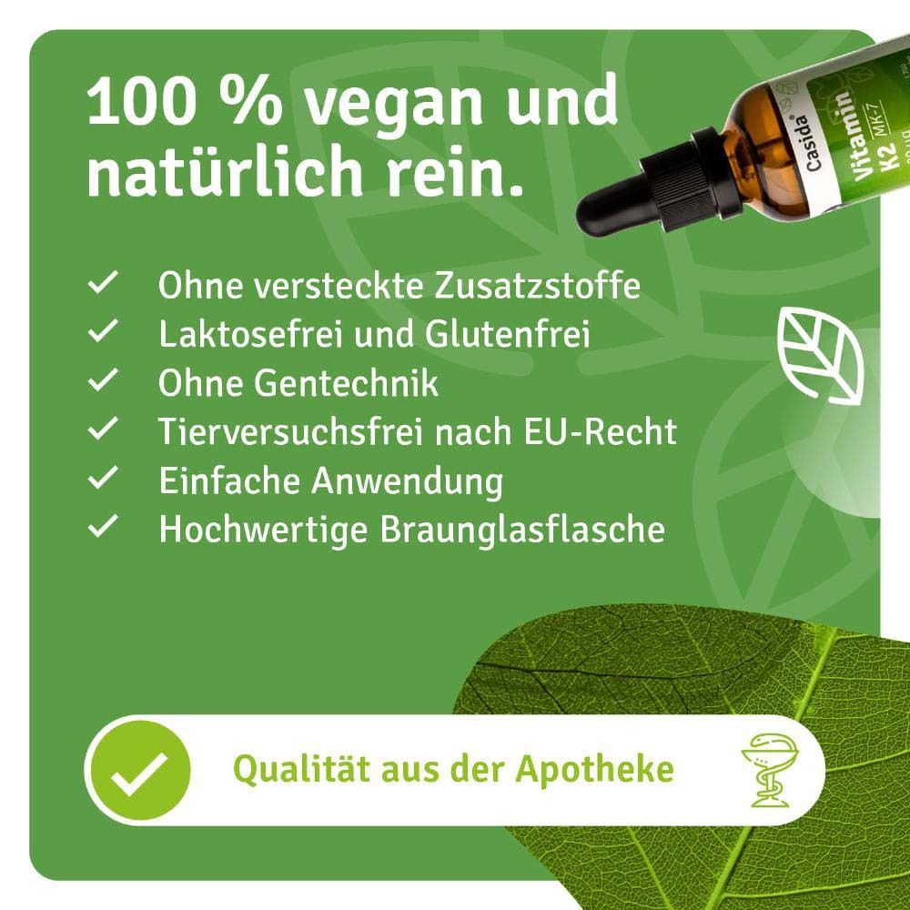 Text: 100% vegan und natürlich rein. Ohne Zusatzstoffe, laktosefrei, ohne Gentechnik, tierversuchsfrei, Braunglasflasche. Apothekenqualität.