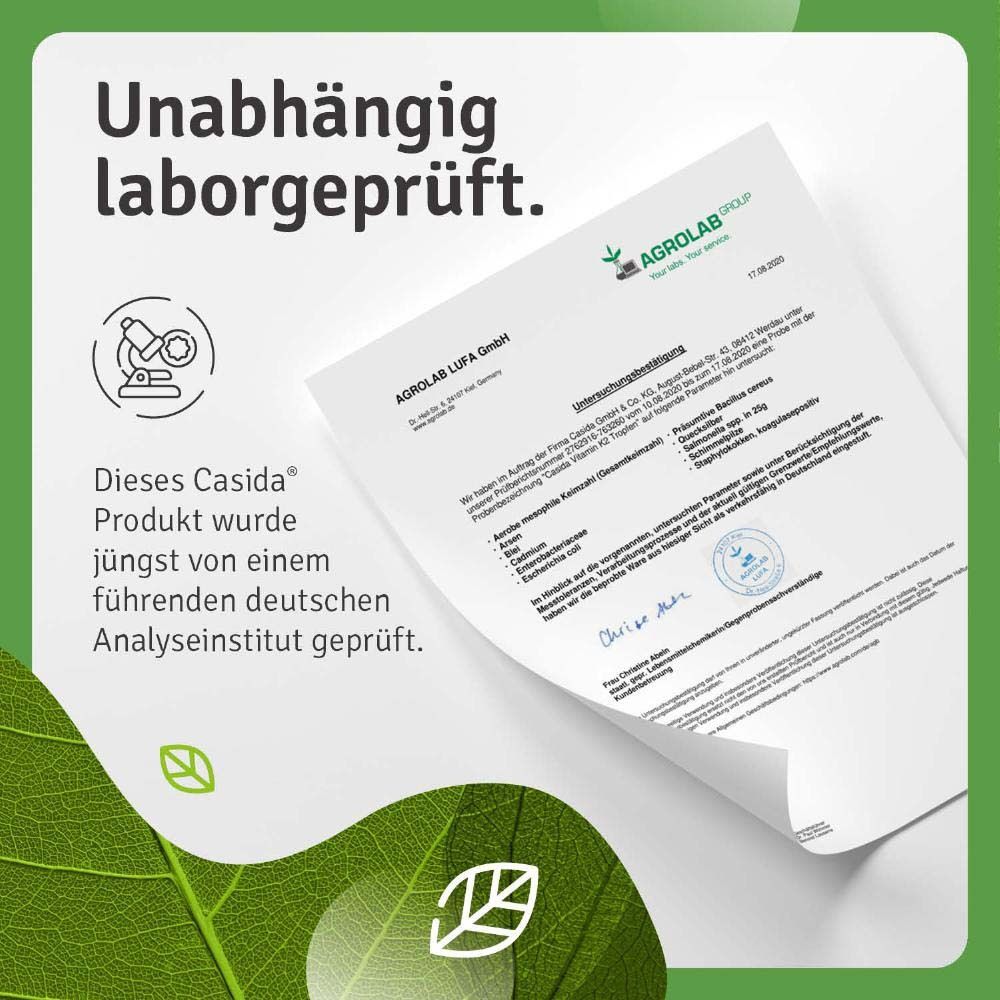 Text: Unabhängig laborgeprüft. Casida Produkt geprüft von deutschem Analyseinstitut. Unterschriften und Stempel.