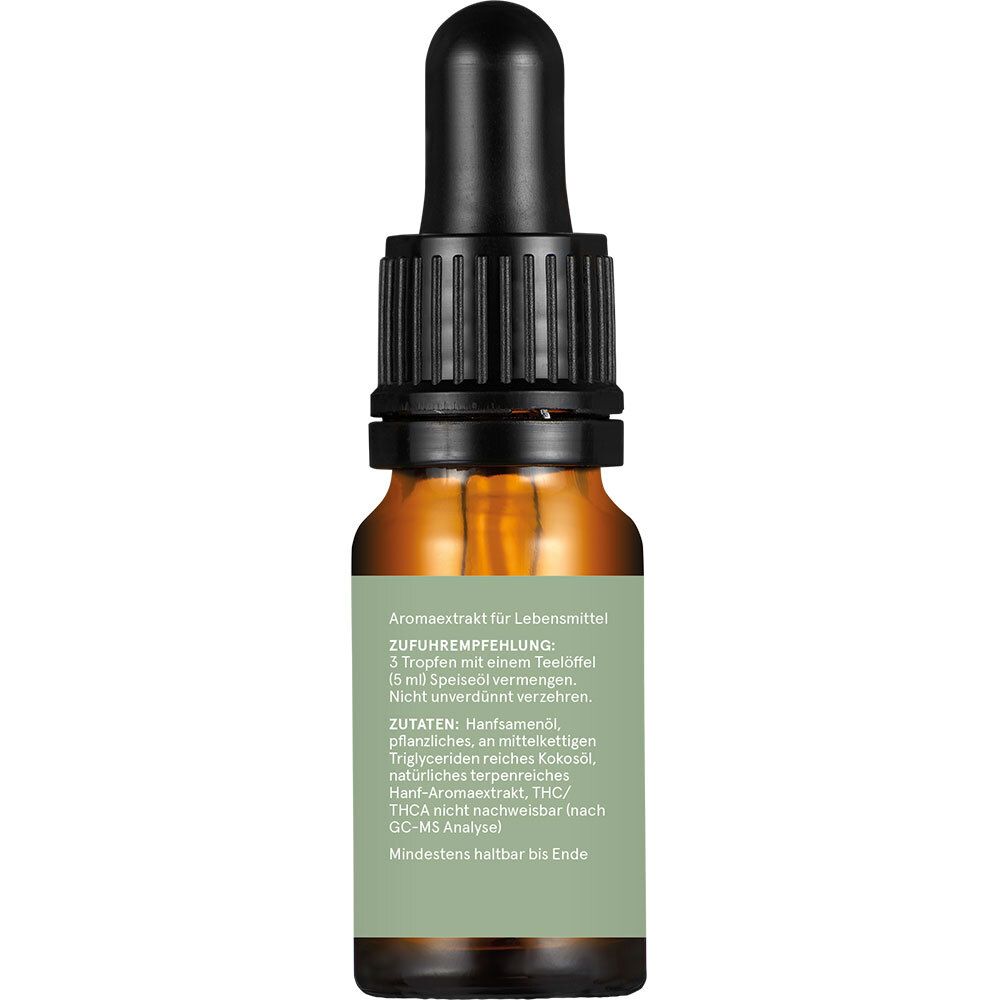 Braune Glasflasche mit schwarzer Pipette. Etikett mit Produktinformationen und Zutaten.