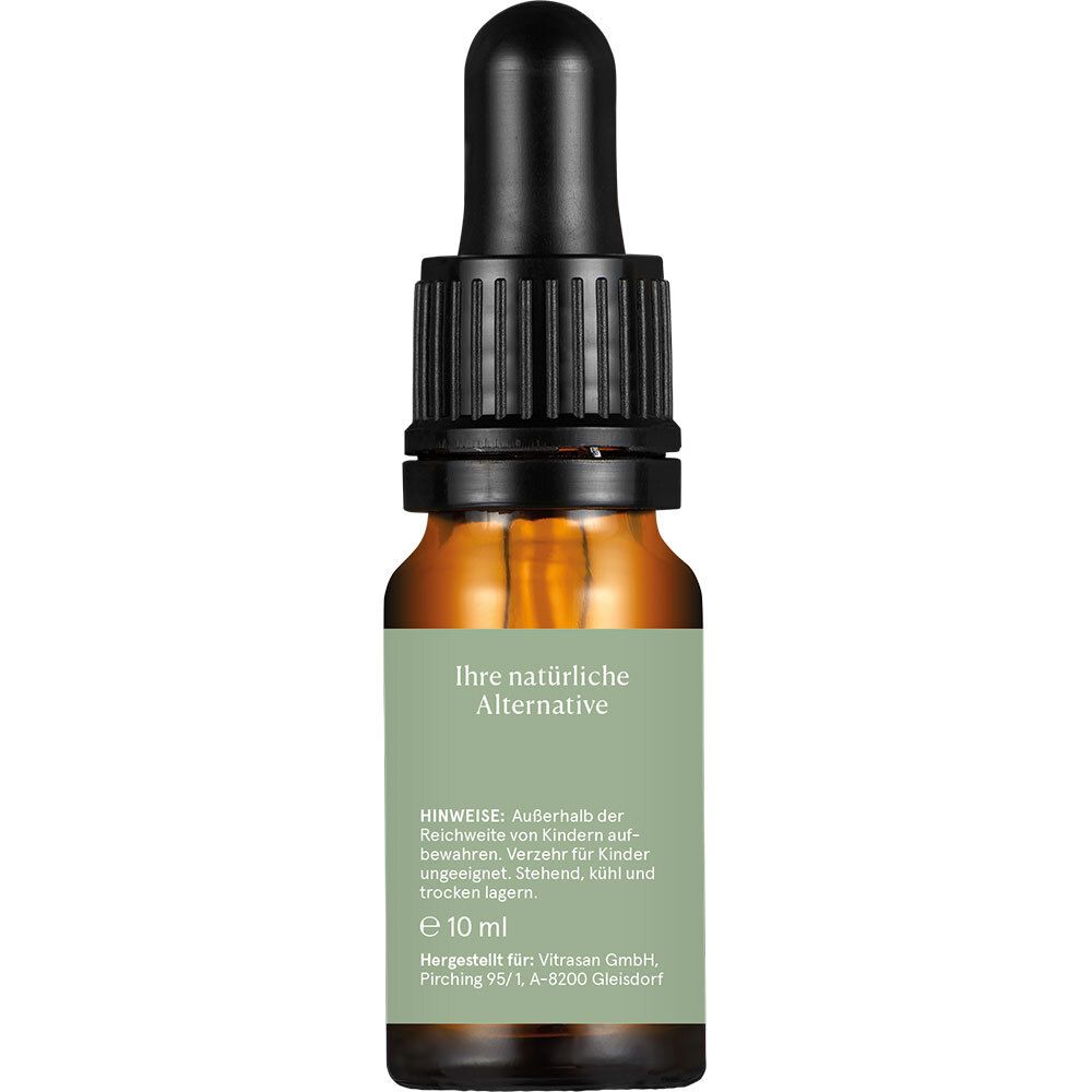 Braune Glasflasche mit schwarzer Pipette. Etikett mit Text: Ihre natürliche Alternative, 10 ml.