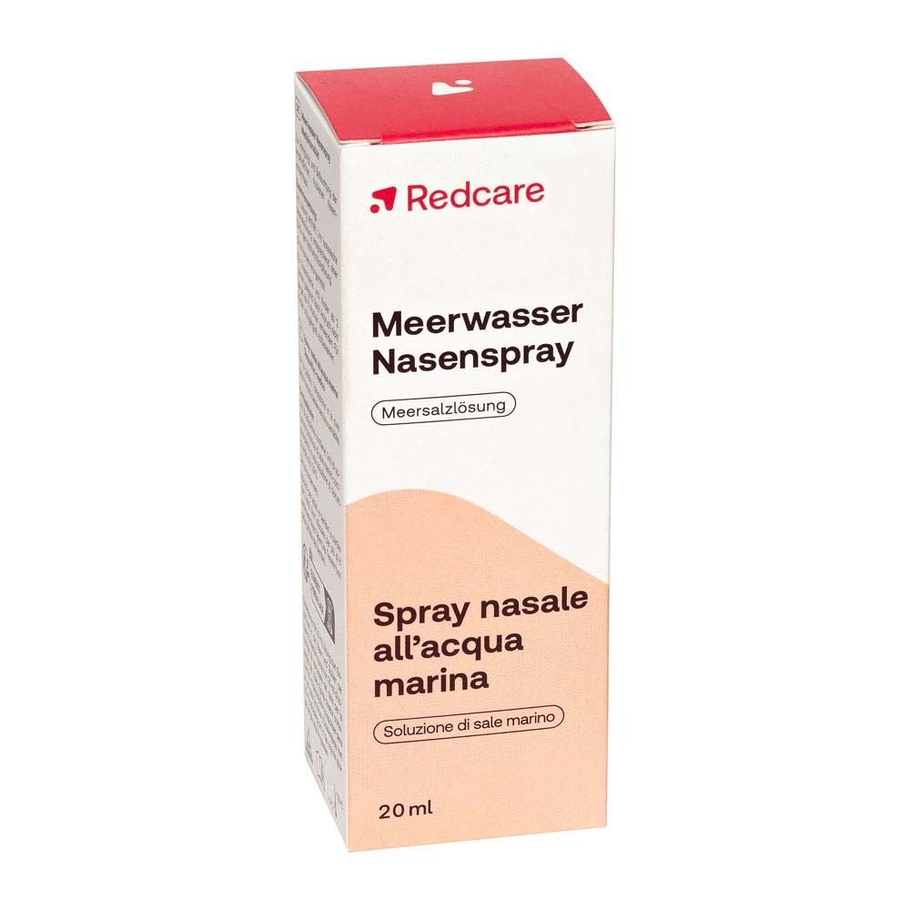 Verpackung von Redcare Meerwasser Nasenspray. Box mit Produktnamen und Produktinformationen.