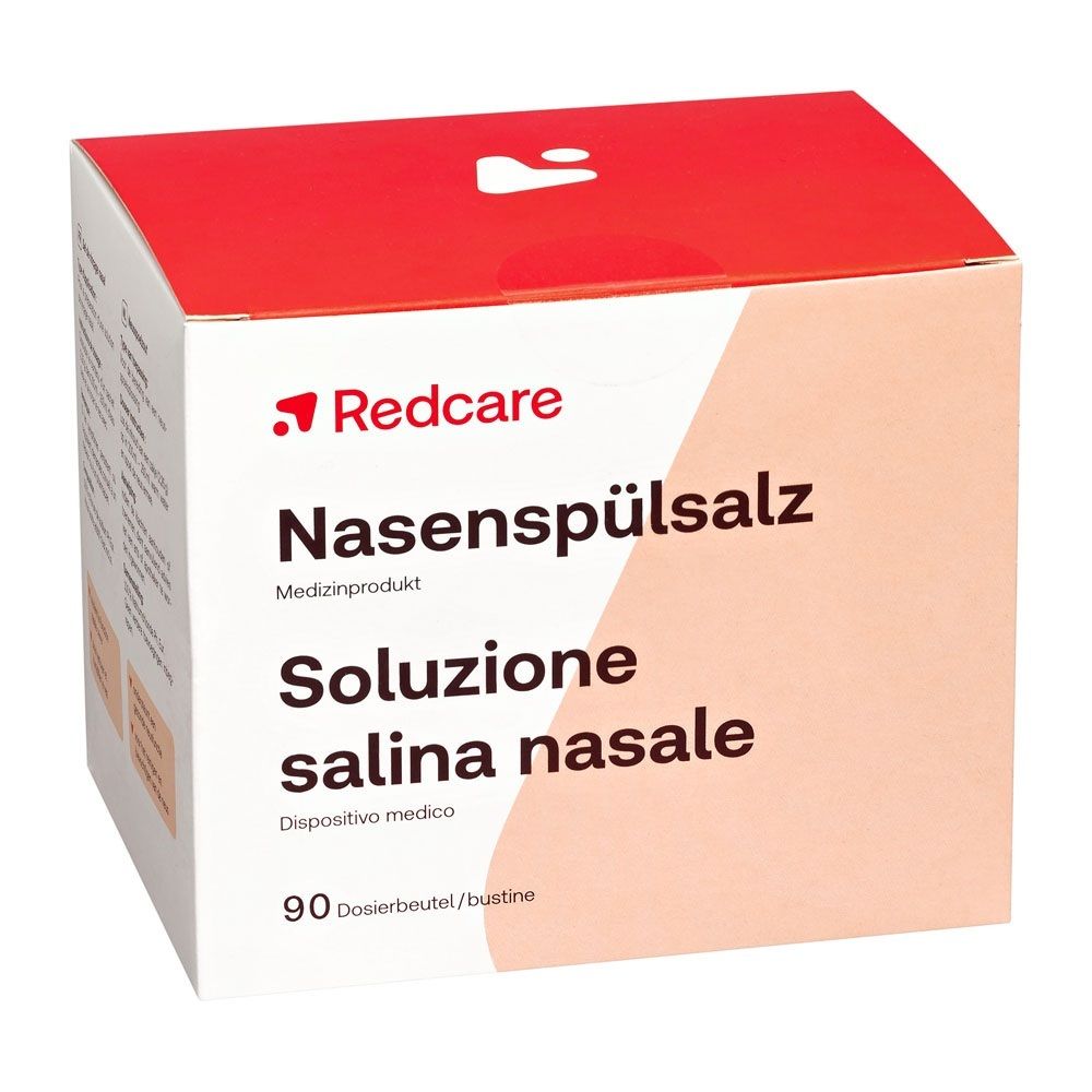 Redcare Nasenspülsalz: Medizinprodukt, Packung mit 90 Beuteln, schräge Ansicht.