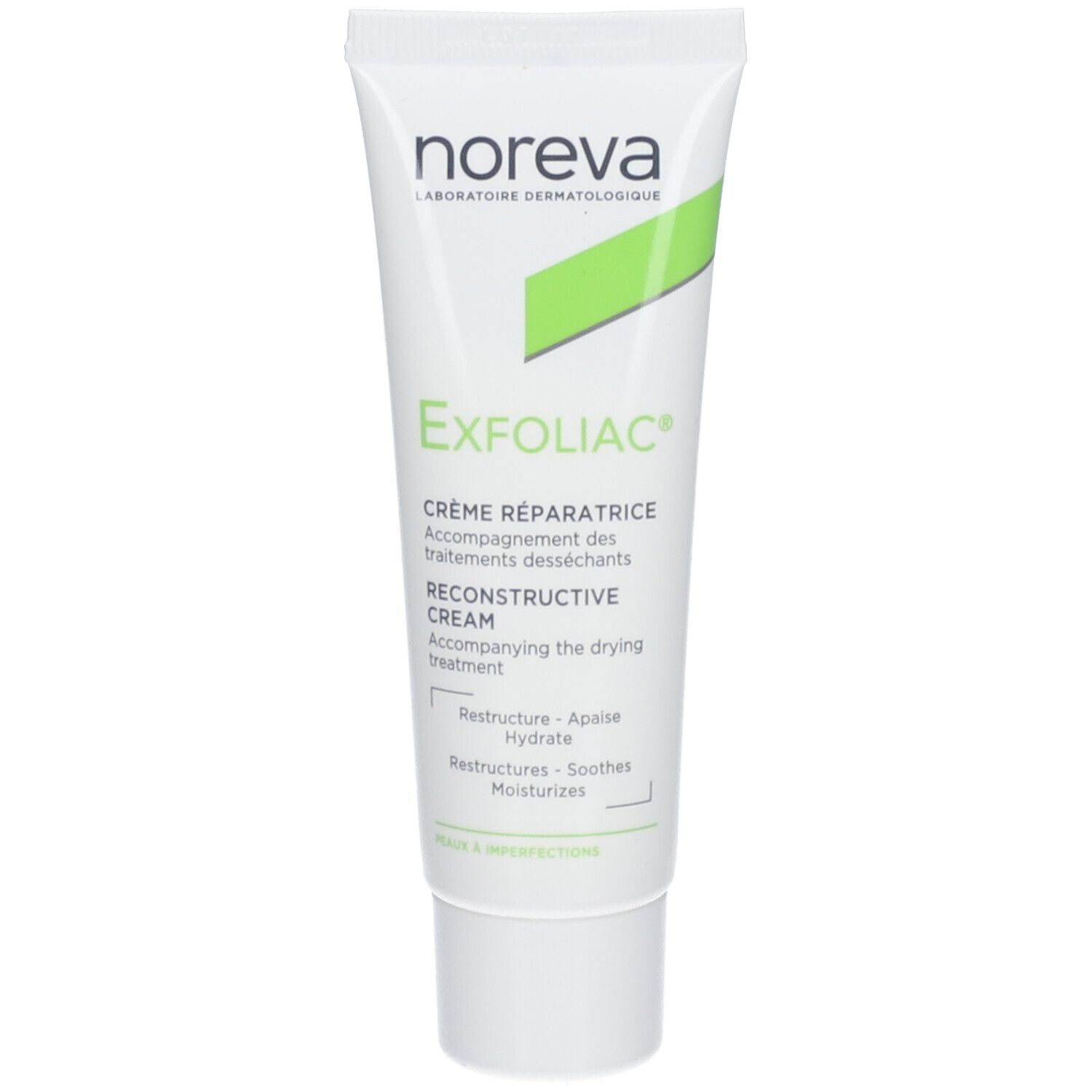 Weiße Tube mit grünem Akzent. Aufschrift: Exfoliac, Crème Réparatrice, Reconstructive Cream. Marke: Noreva.