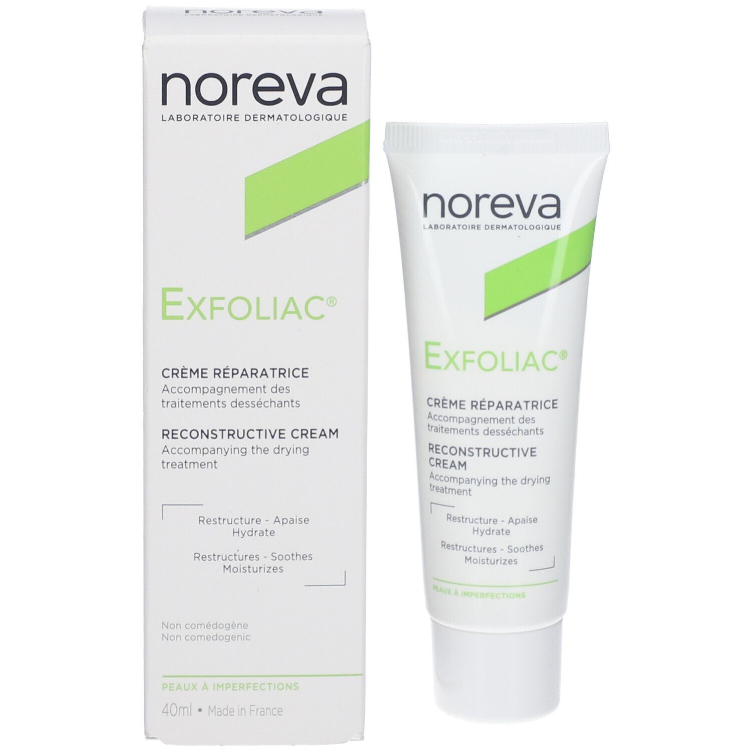 Produktverpackung mit Tube und Karton. Aufschrift: Exfoliac, Crème Réparatrice, Reconstructive Cream. Marke: Noreva.