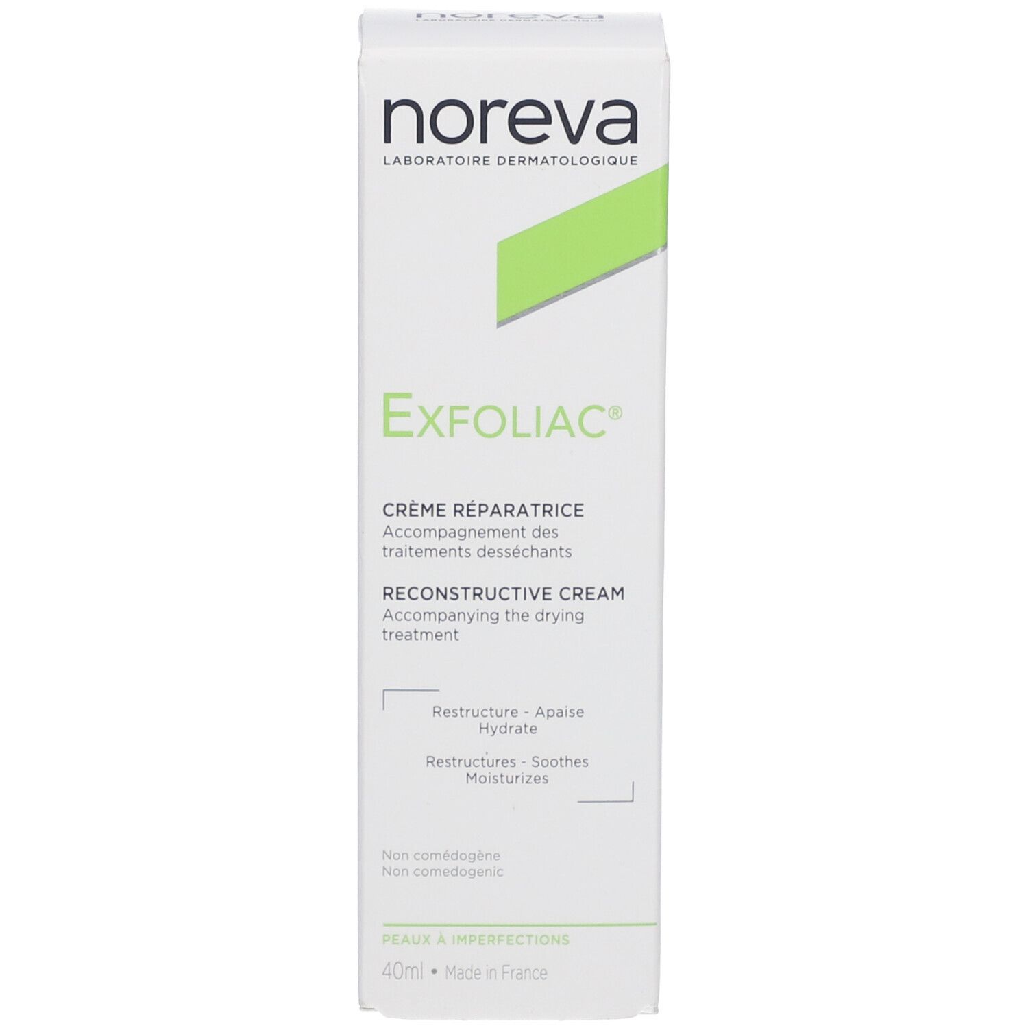 Kartonverpackung. Aufschrift: Exfoliac, Crème Réparatrice, Reconstructive Cream. Marke: Noreva. 40ml.