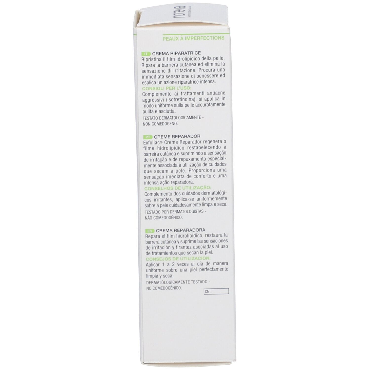 Seite der Kartonverpackung. Text in mehreren Sprachen. Dermatologisch getestet. Nicht komedogen.