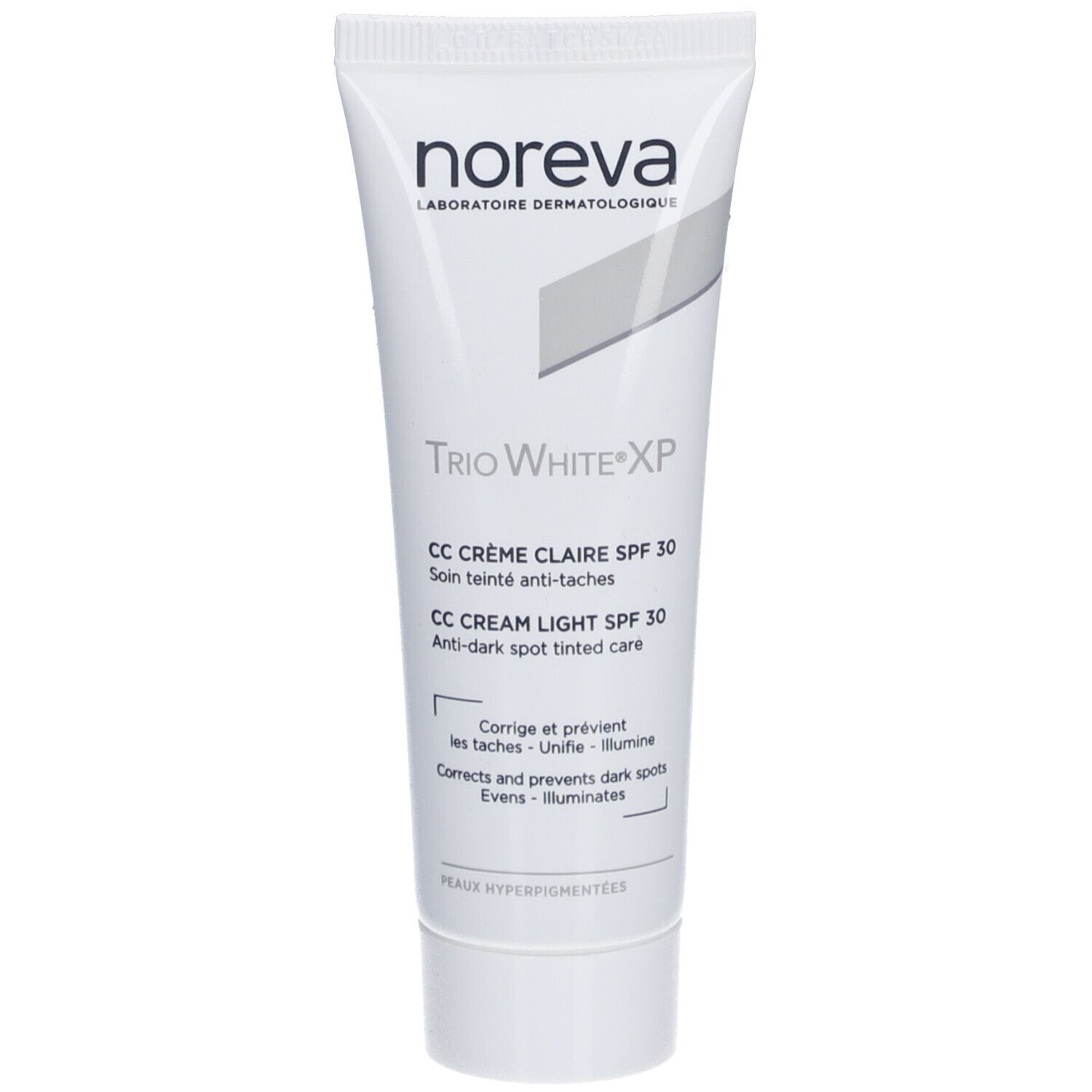 Weiße Tube mit Produktnamen und Aufschrift. Enthält CC Crème Claire SPF 30. Marke: Noreva.