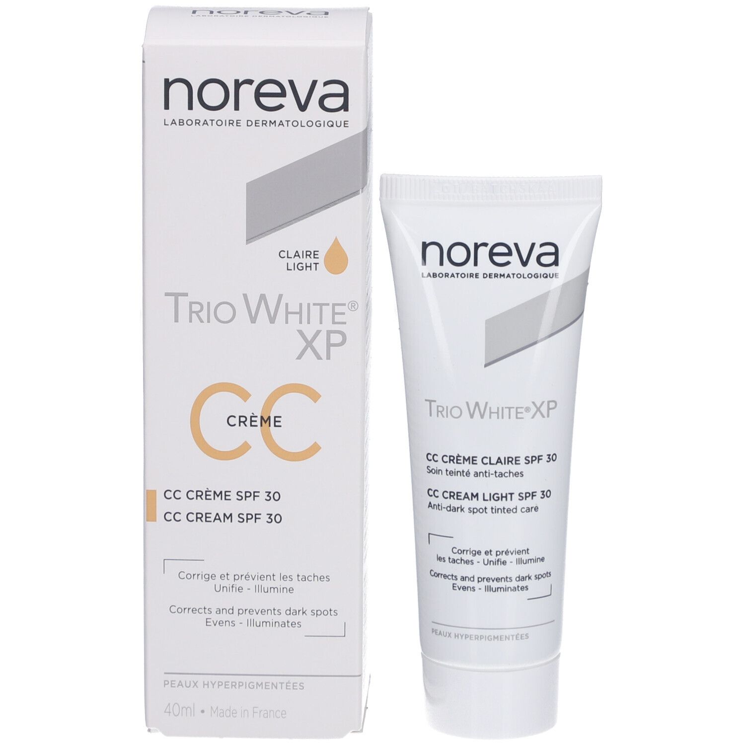 Produktverpackung und Tube. Verpackung: weiß mit Produktnamen und Text. Tube: weiß. Marke: Noreva.