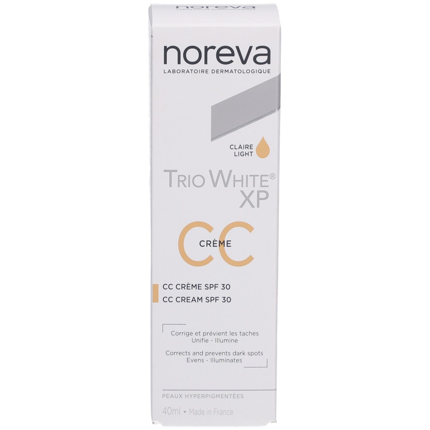 Weiße Produktverpackung mit Produktnamen und Text. Enthält CC Crème SPF 30. Marke: Noreva.
