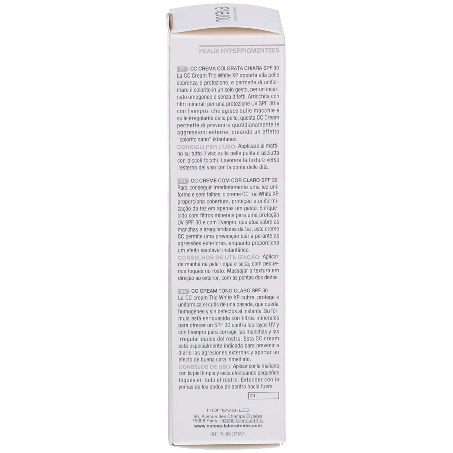 Seite der Produktverpackung mit Text in mehreren Sprachen. Marke: Noreva.