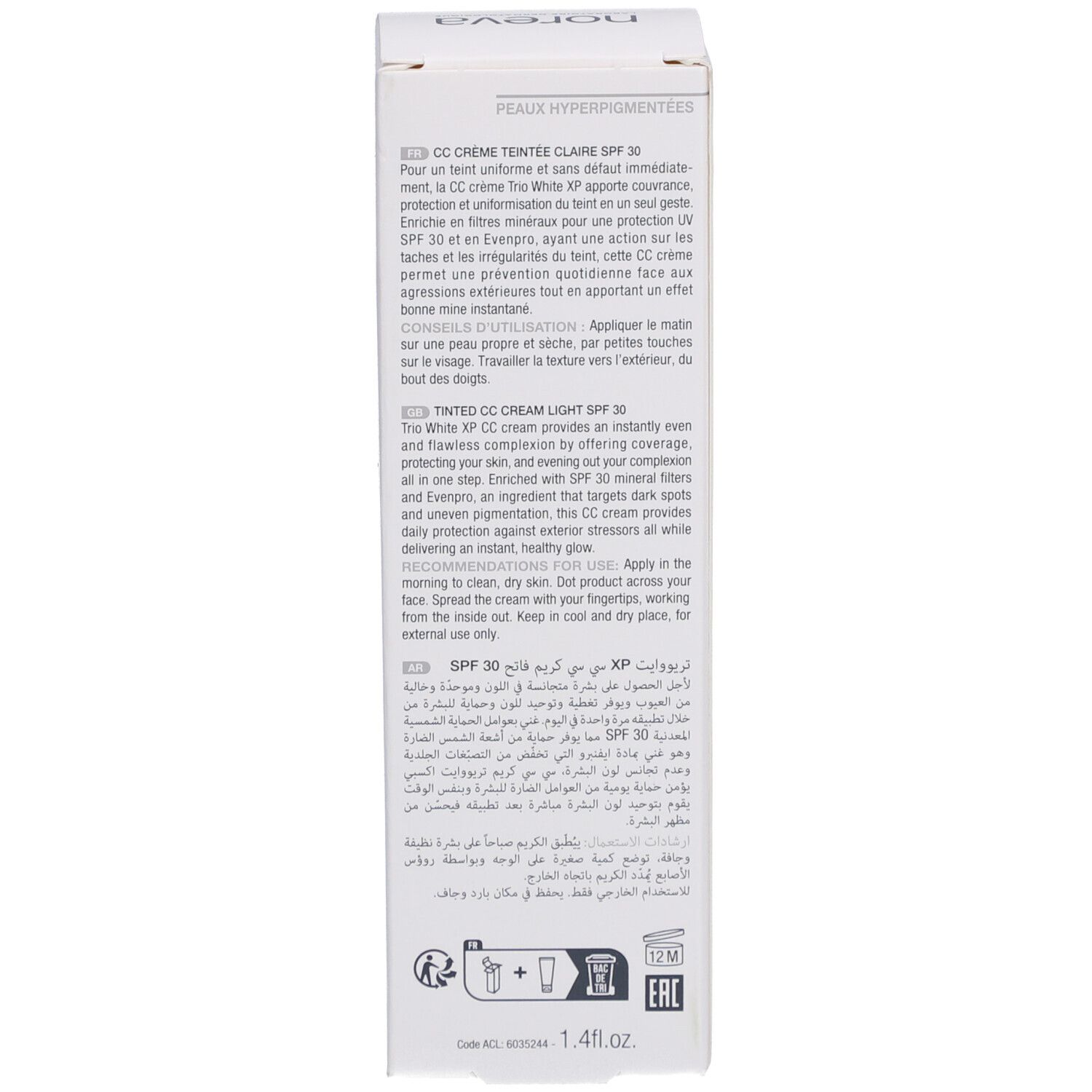 Seite der Produktverpackung mit Text in mehreren Sprachen. Marke: Noreva.