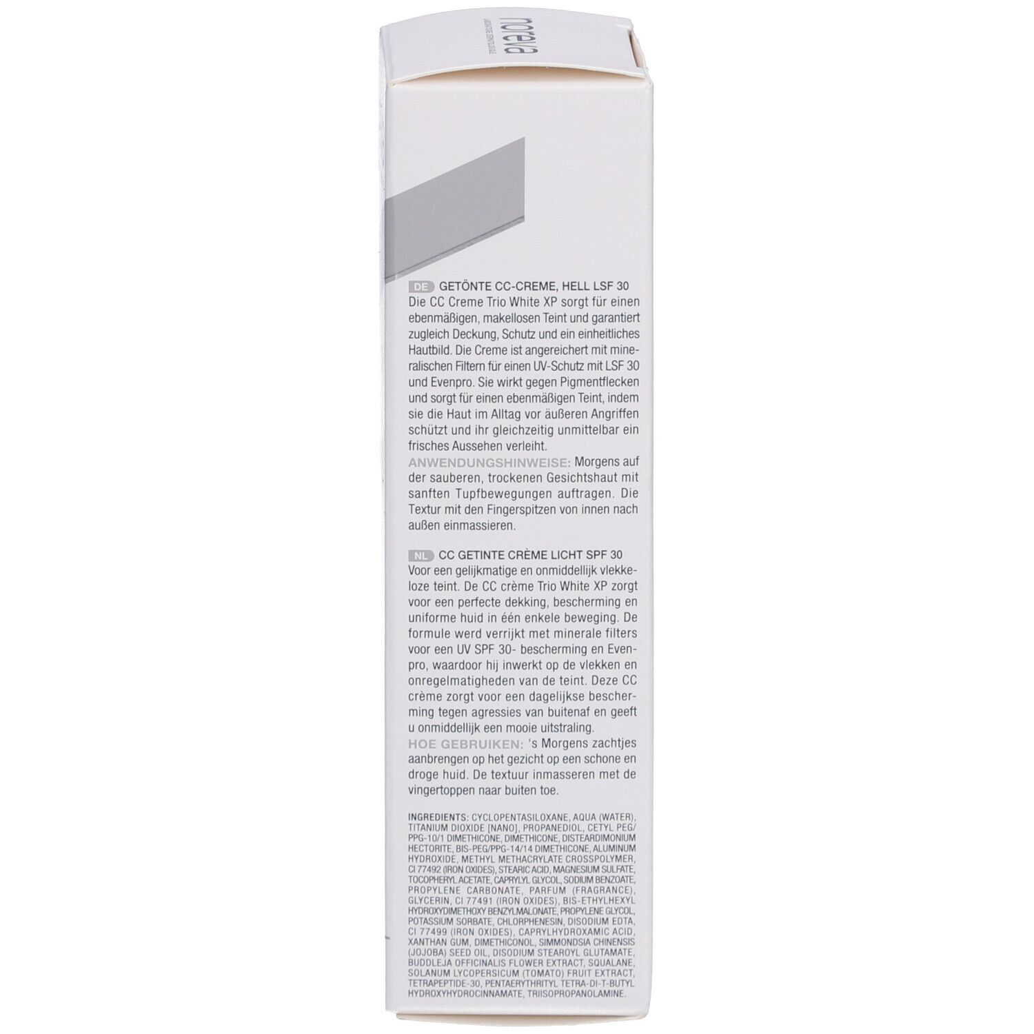 Seite der Produktverpackung mit Text in mehreren Sprachen. Marke: Noreva.