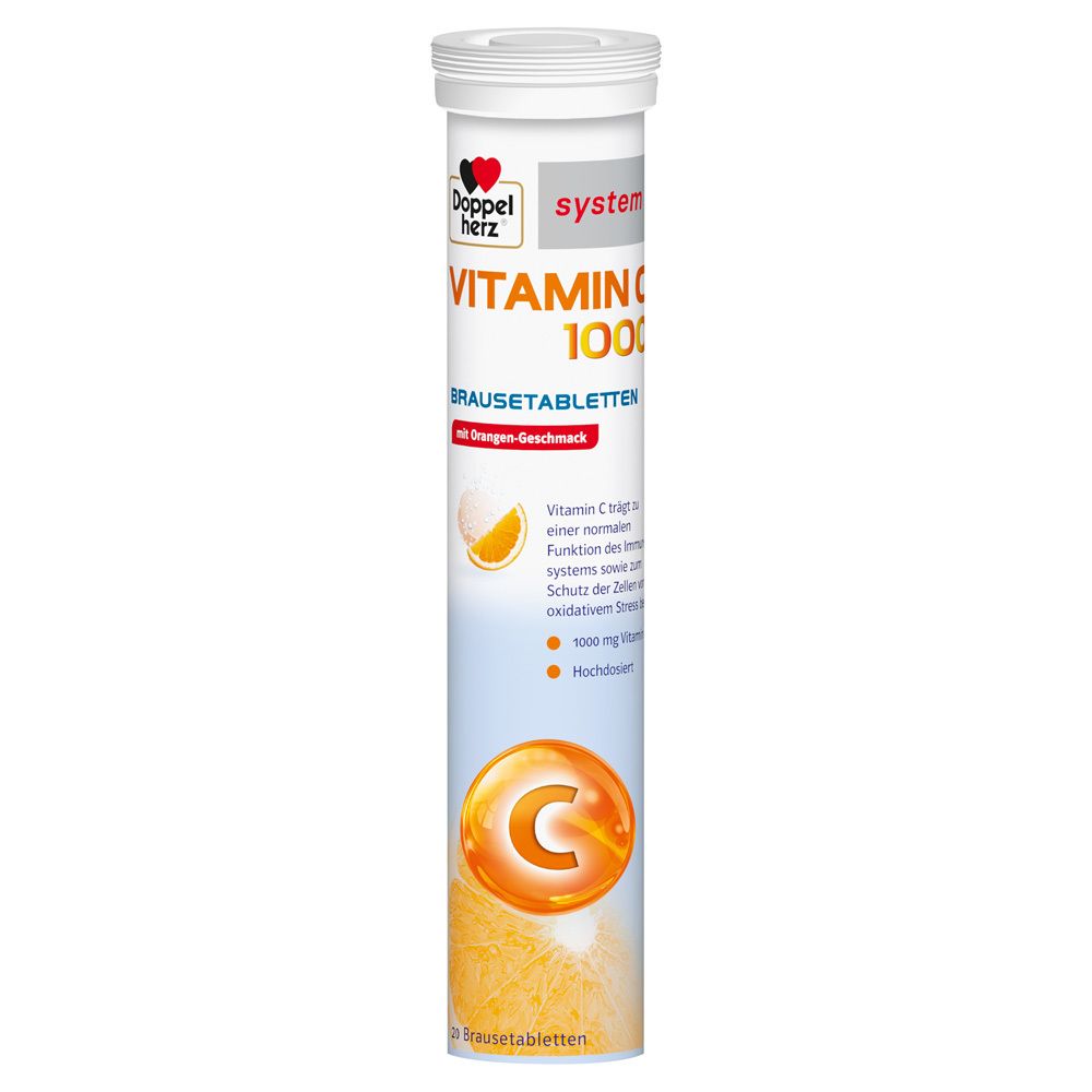 Zylinderförmige Verpackung mit Brausetabletten. Aufschrift: Vitamin C 1000 Brausetabletten. Logo: Doppelherz.