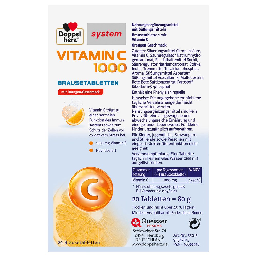 Kartonverpackung mit Brausetabletten. Aufschrift: Vitamin C 1000 Brausetabletten. Logo: Doppelherz. Mit Orangen-Geschmack.