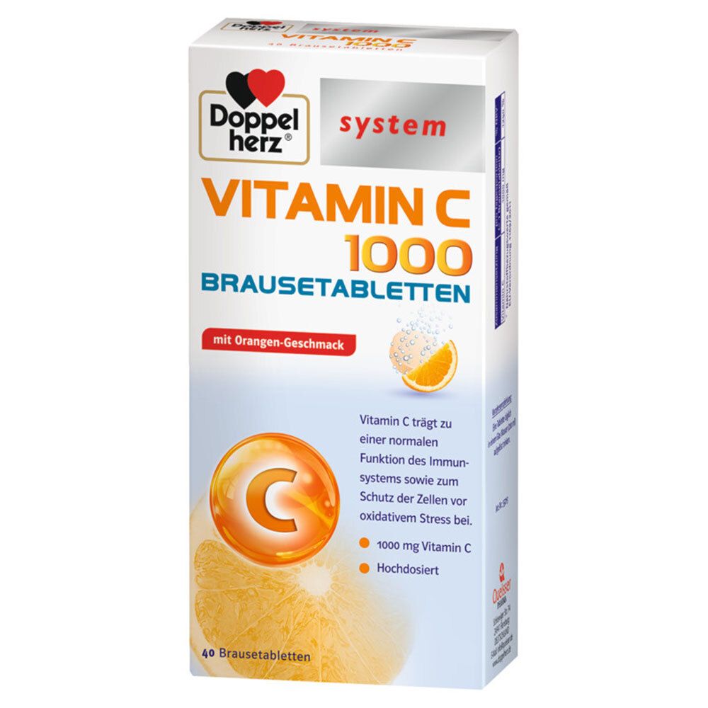 Kartonverpackung mit Brausetabletten. Aufschrift: Vitamin C 1000 Brausetabletten. Logo: Doppelherz. Mit Orangen-Geschmack.