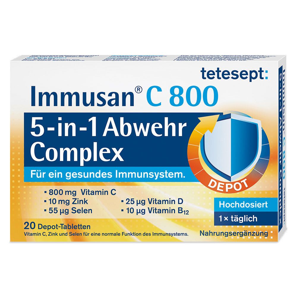 Schachtel Immusan® C 800 5-in-1 Abwehr Complex. Enthält Vitamin C, Zink, Selen, Vitamin D und B12. 20 Depot-Tabletten.