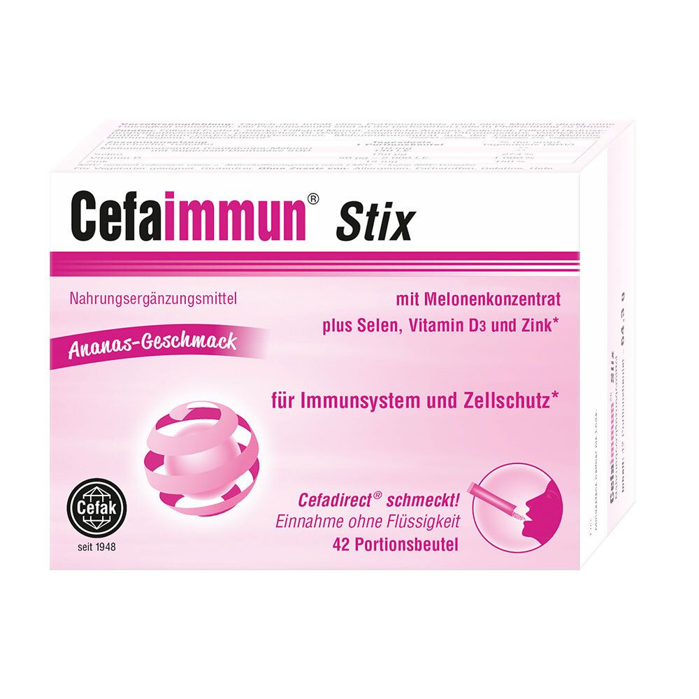 Cefaimmun Stix-Packung. Rosa-weiße Schachtel mit Produktnamen, Inhaltsstoffen und Logo. 42 Portionen.