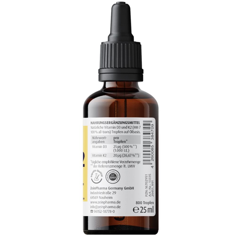 Rückseite der braunen Glasflasche mit Tropfer. Produktinformationen und Nährwertangaben.