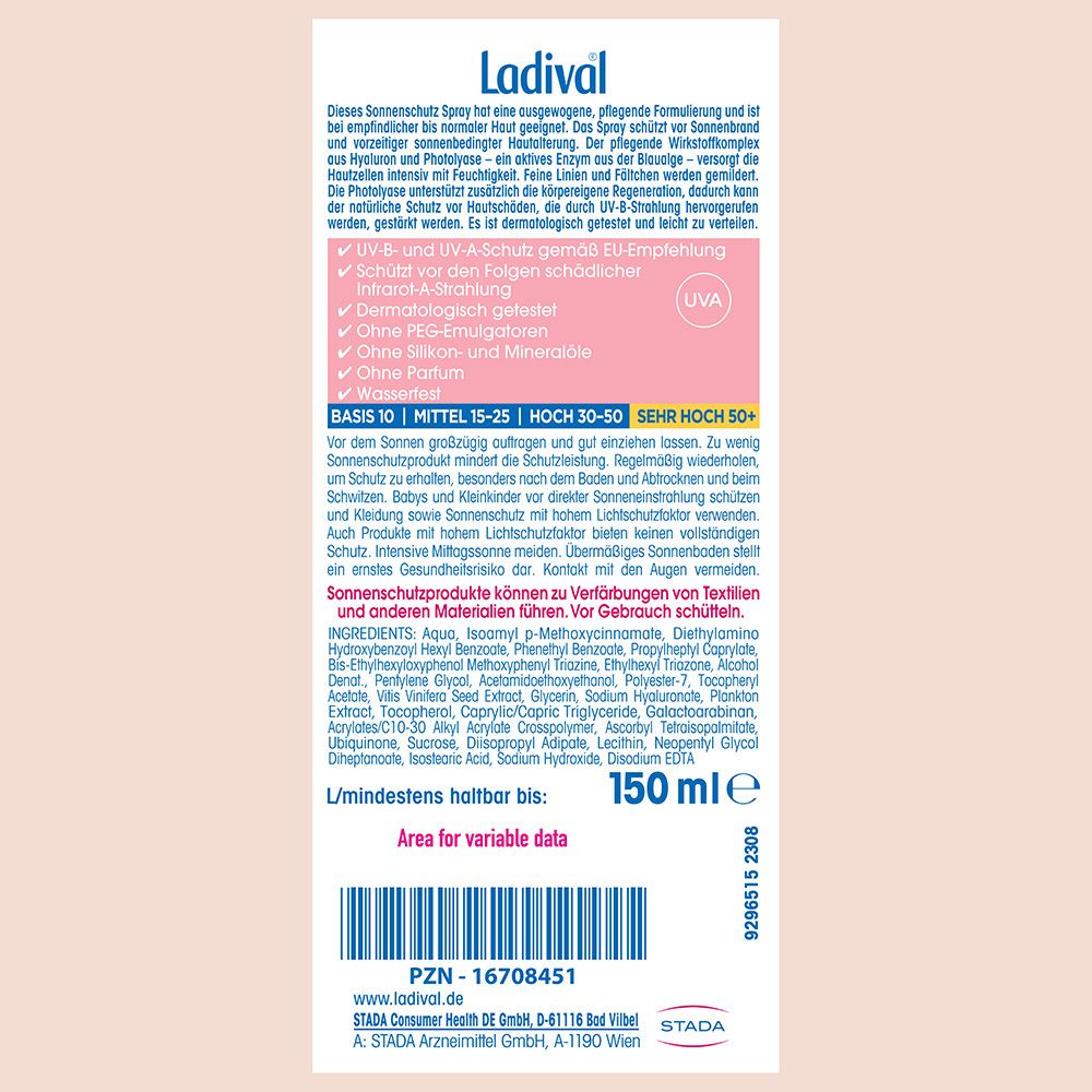 Ladival® Empfindliche Haut plus pflegendes Sonnenschutz Spray LSF 50+ mit Hyaluronsäure & Photolyase