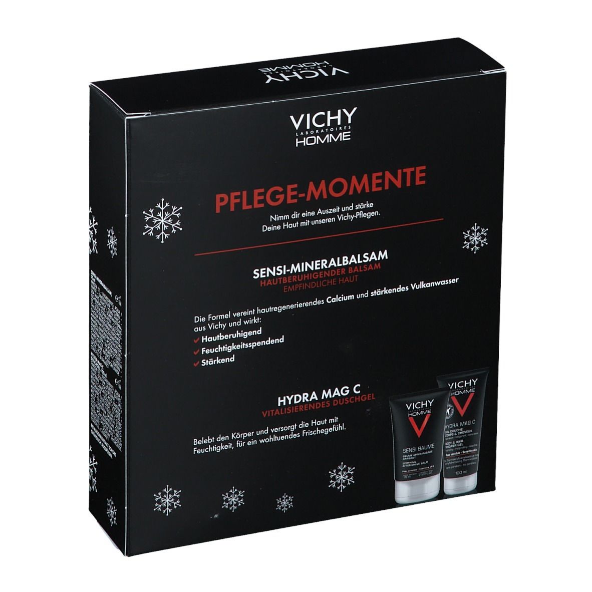 Rückseite der Geschenkbox. Vichy Homme Logo. Produktnamen und Inhaltsstoffe. Zwei Produkte abgebildet. Schwarze Verpackung mit roter Schrift.
