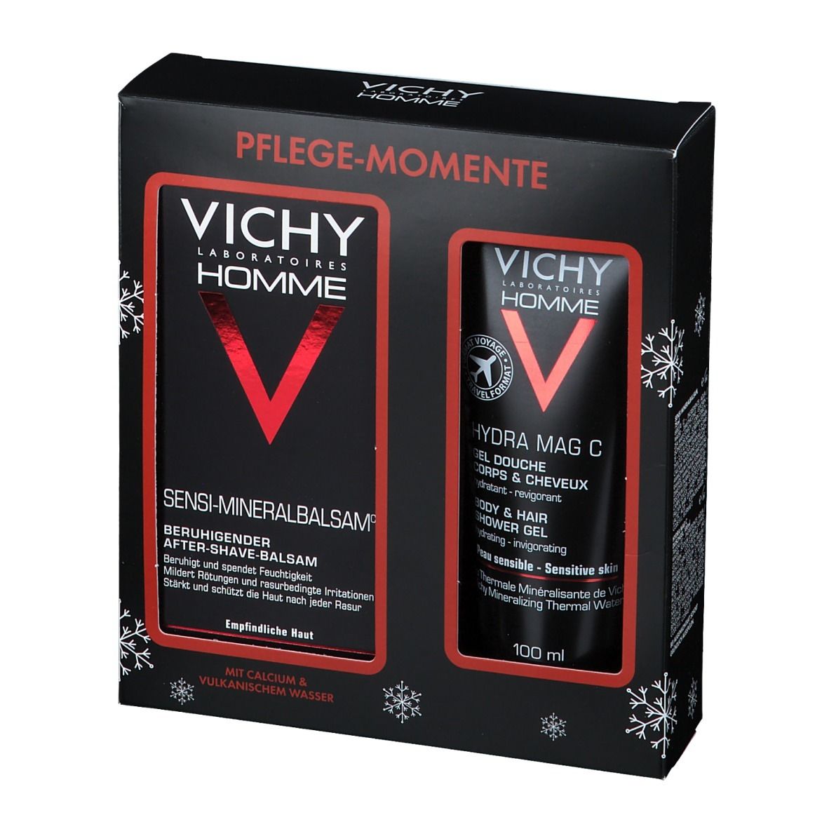 Geschenkset mit zwei Produkten. Schwarze Verpackung mit roter Schrift. Vichy Homme Logo. Sensi-Mineralbalsam und Hydra Mag C Duschgel.