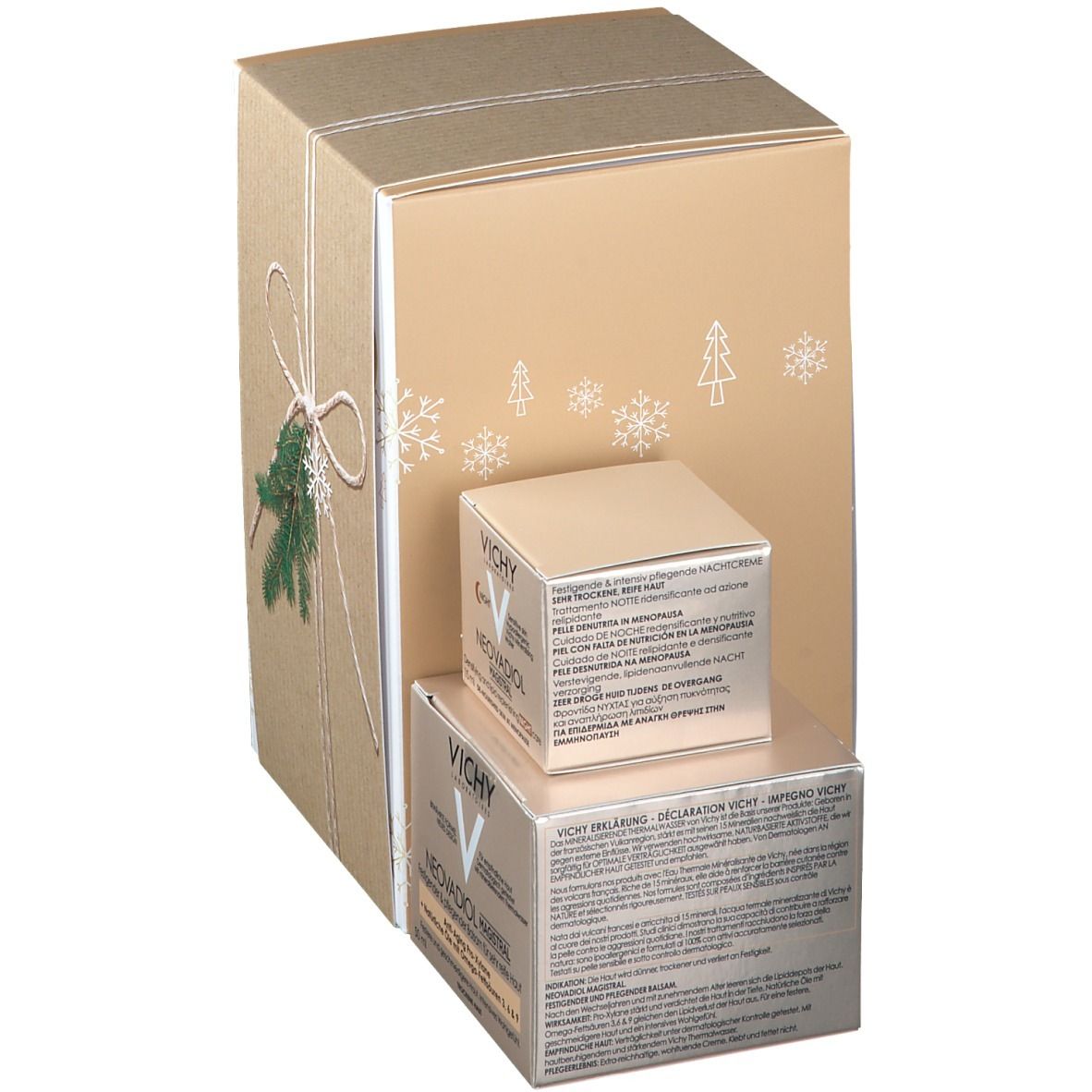 Geschenkbox mit zwei kleineren Schachteln. Auf den Schachteln steht "Vichy Neovadiol Magistral". Die Box ist mit Geschenkband und Tannenzweig verziert.