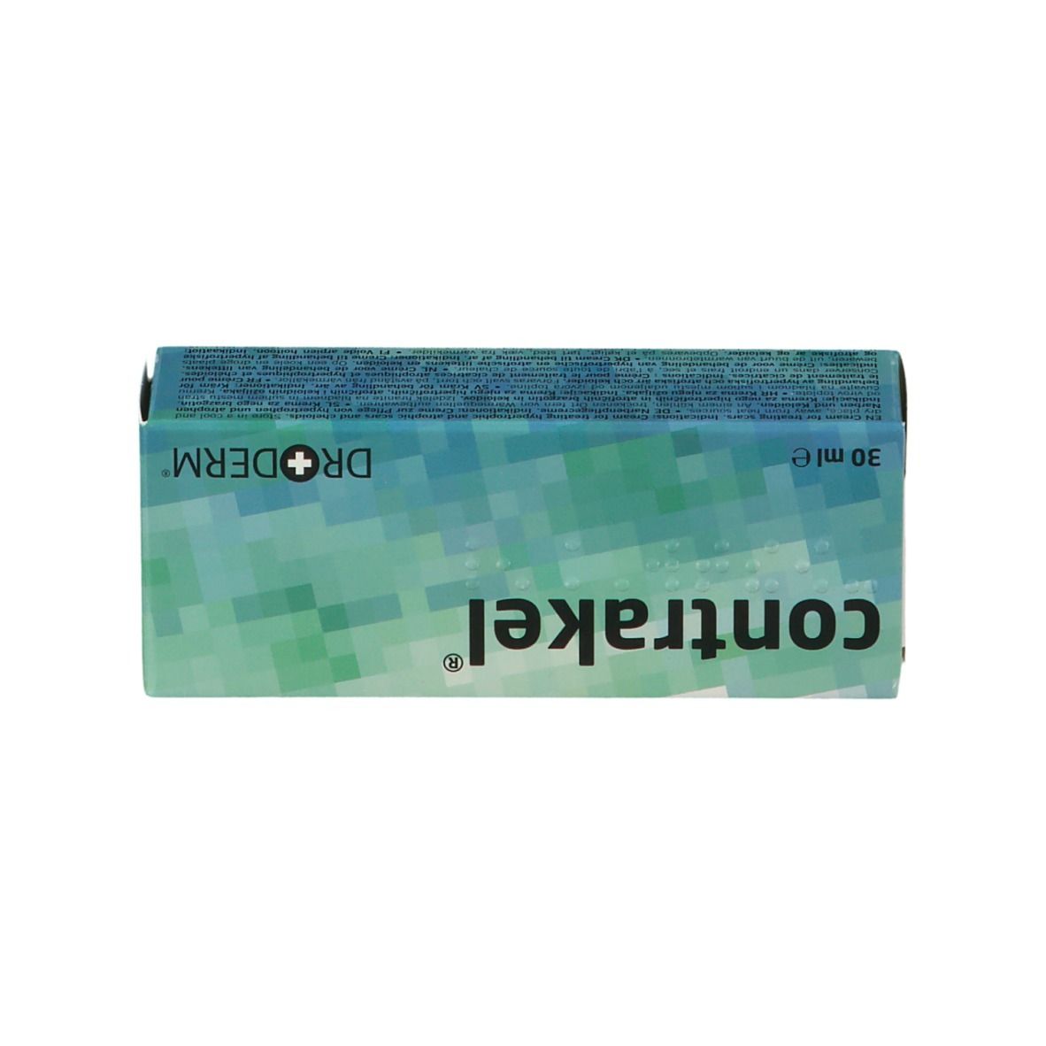 Kartonverpackung mit "contrakel"-Schriftzug und "DR+DERMA"-Logo. 30 ml.