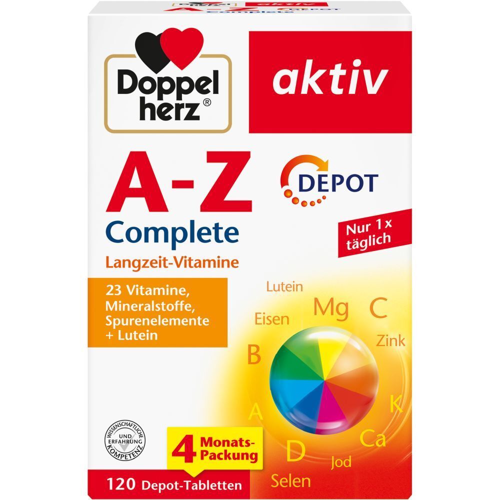 Verpackung von Doppelherz A-Z Complete DEPOT. Enthält 120 Tabletten. Mit Vitaminen, Mineralstoffen und Spurenelementen.
