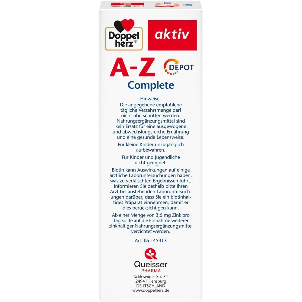 Seite der Verpackung von Doppelherz A-Z Complete DEPOT. Enthält Hinweise und Kontaktinformationen des Herstellers.