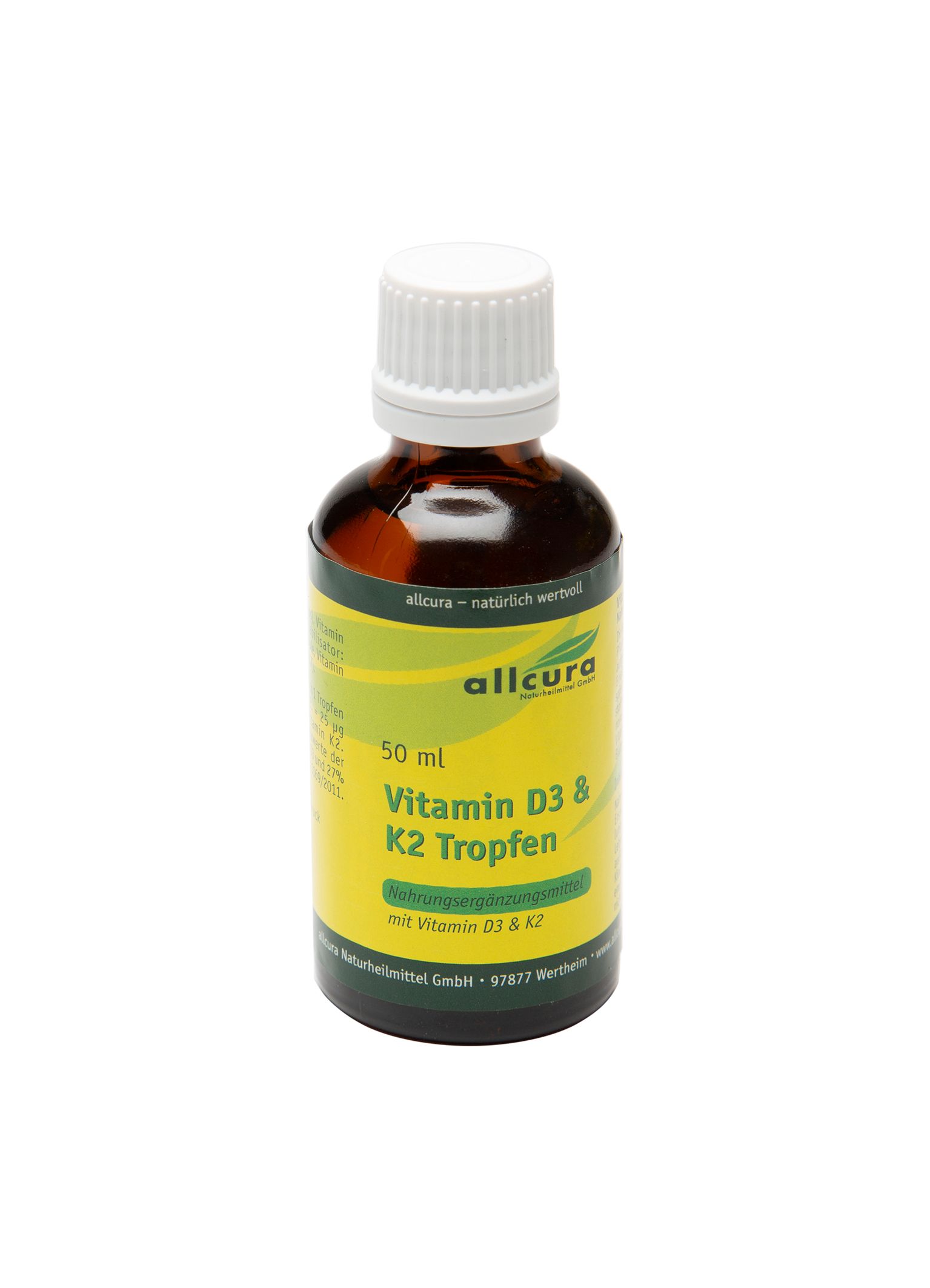 Braune Glasflasche mit weißem Deckel. Etikett mit Produktnamen und Marke: allcura Vitamin D3 & K2 Tropfen.