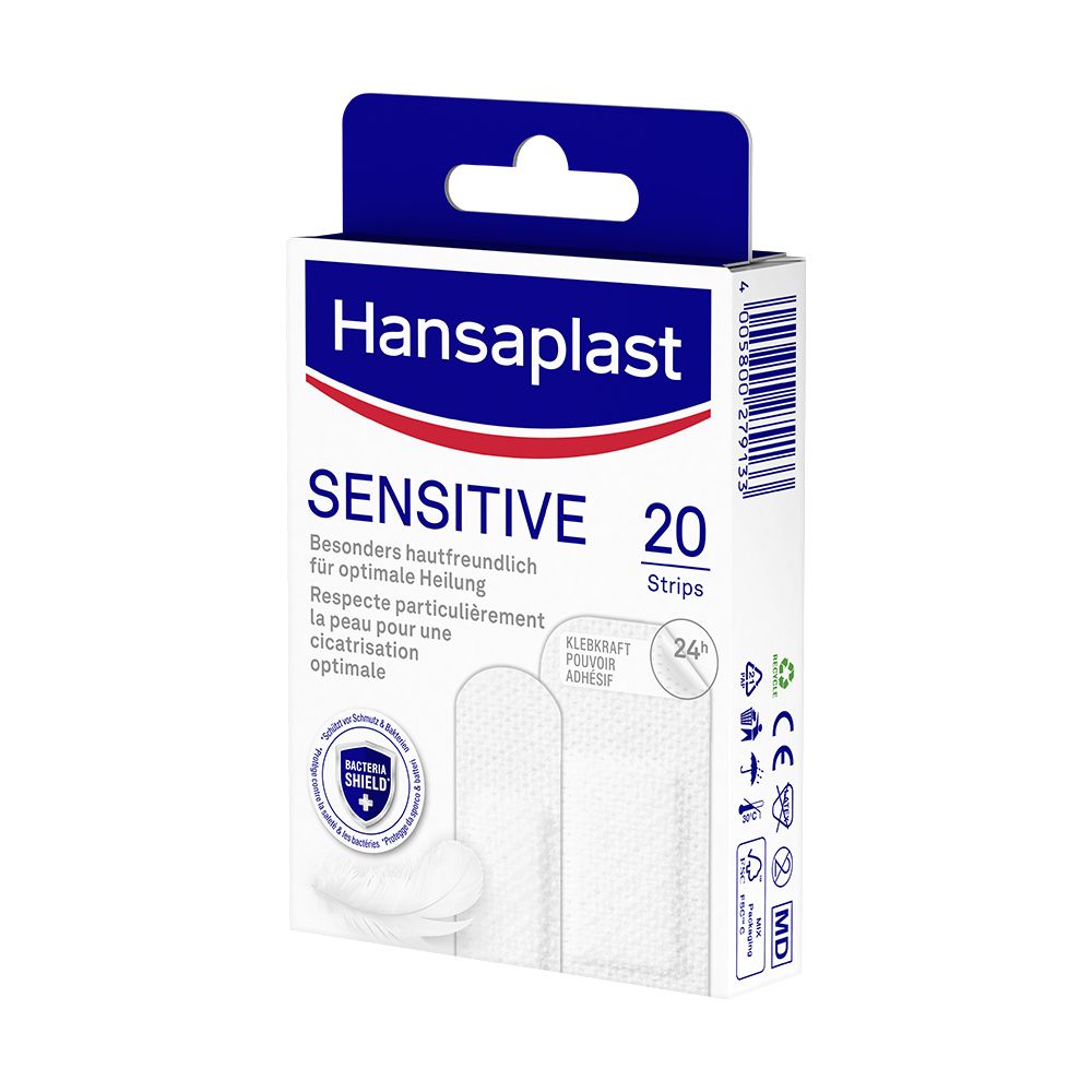 Verpackung mit Hansaplast Sensitive Pflastern. 20 Stück. Blaue und weiße Verpackung mit Produktinformationen.