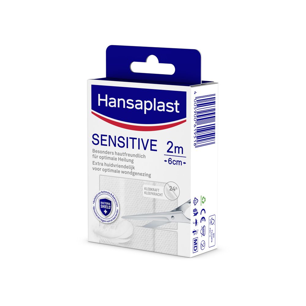 Verpackung von Hansaplast Sensitive Pflaster. Perspektivische Ansicht.