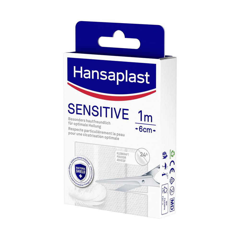 Verpackung von Hansaplast Sensitive Pflaster. Blaue und weiße Schachtel mit Produktinformationen.
