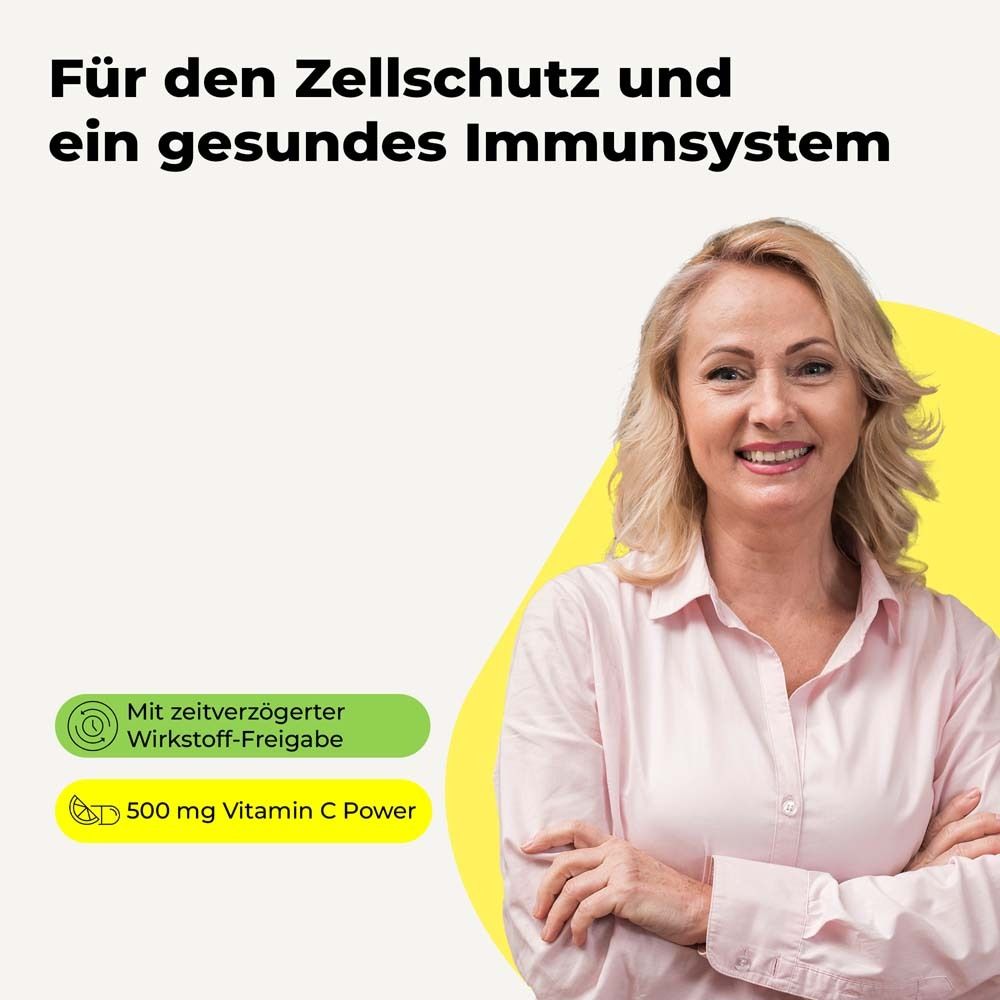 Frau lächelt. Hintergrund mit Text: Für den Zellschutz und ein gesundes Immunsystem. 500 mg Vitamin C Power.