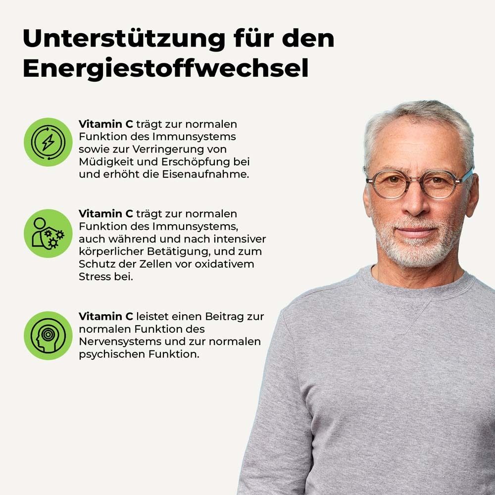 Mann mit Brille. Text: Unterstützung für den Energiestoffwechsel. Informationen über Vitamin C und das Immunsystem.