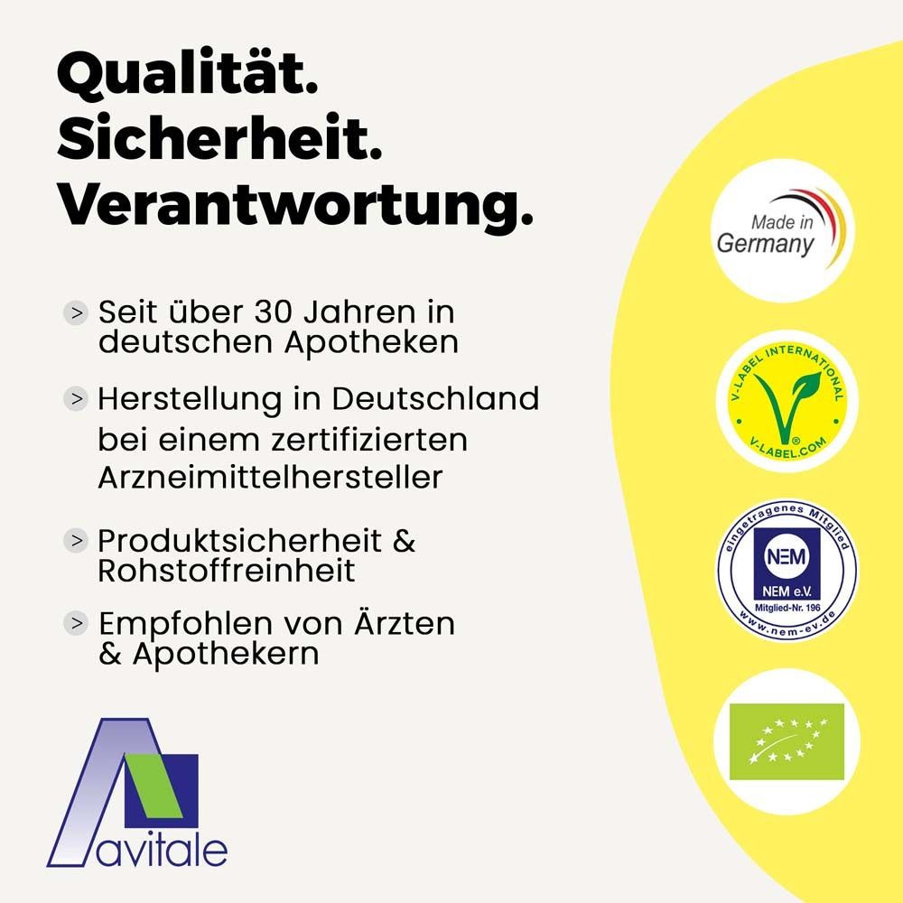 Text: Qualität. Sicherheit. Verantwortung. Zertifizierungen: Made in Germany, V-Label, NEM, Bio-Siegel. Empfohlen von Ärzten.