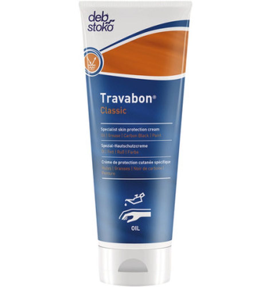 Tube mit Travabon® Classic Hautschutzcreme. Weiß, blau und orangefarbenes Design. Produktname und Logo deutlich sichtbar.