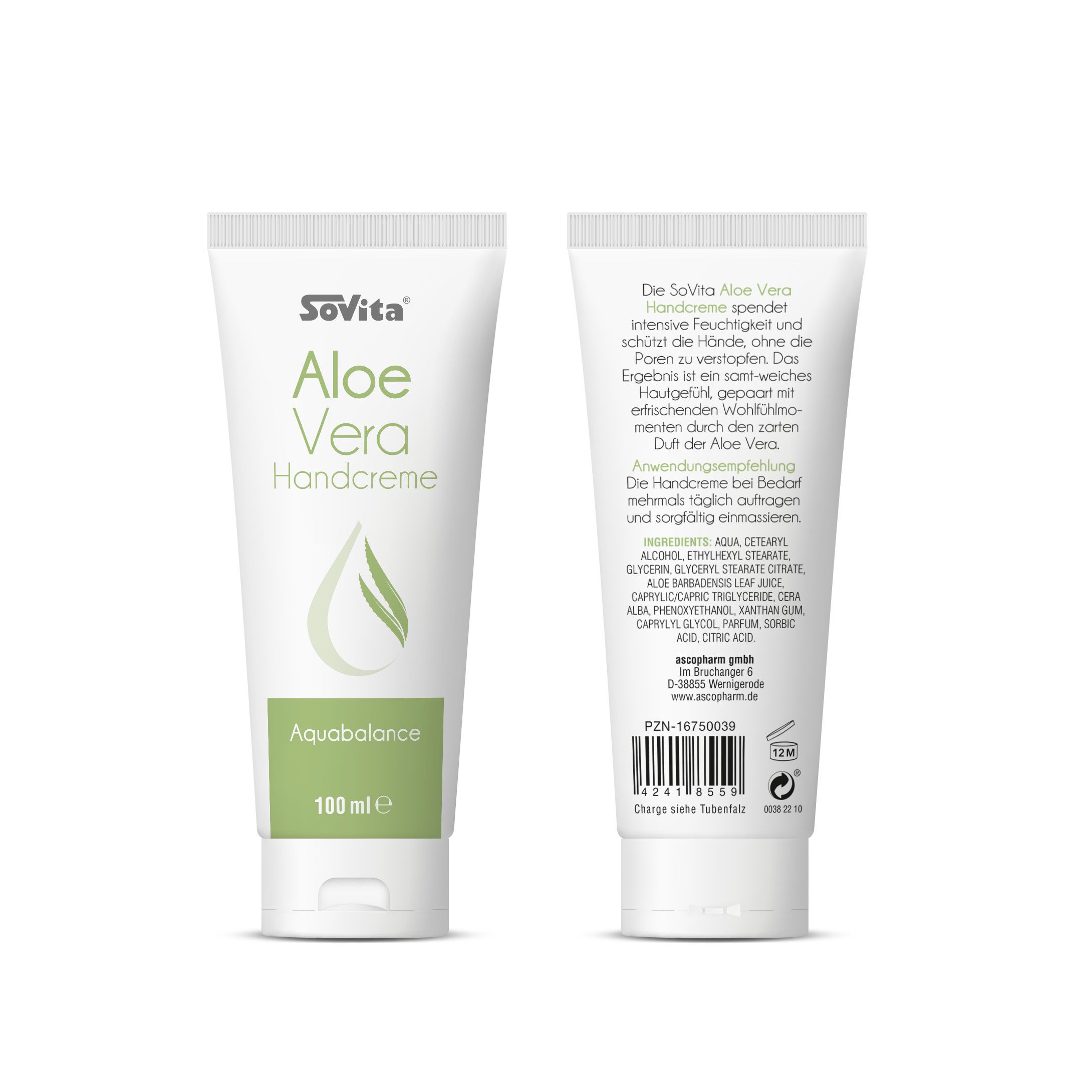 Vorder- und Rückseite der Tube. Vorderseite: sovita® Aloe Vera Handcreme, Aquabalance. Rückseite: Text, Barcode, Inhaltsstoffe.
