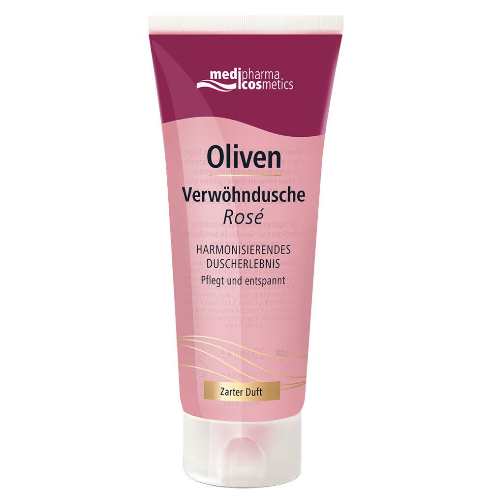 Tube mit Oliven Verwöhndusche Rosé. Rosa Flüssigkeit, weißer Deckel. Schriftzug: medipharma cosmetics, Oliven Verwöhndusche Rosé.