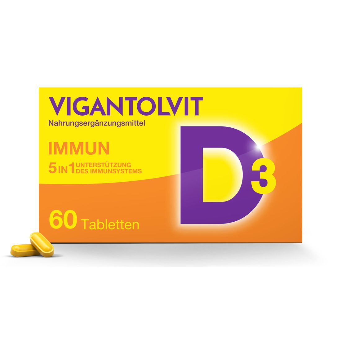Gelbe und orangefarbene Schachtel mit VIGANTOLVIT, IMMUN, D3 und 60 Tabletten. Nahrungsergänzungsmittel.