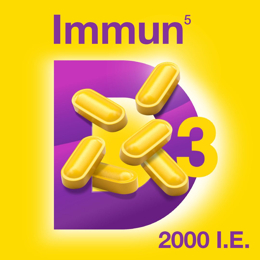 Gelbe Kapseln auf lila D3-Symbol. Text: IMMUN, 2000 I.E. Vitamin D3.