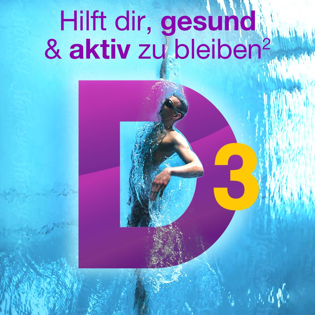 Mann unter Dusche. Text: Hilft dir, gesund & aktiv zu bleiben. Lila D3-Symbol.