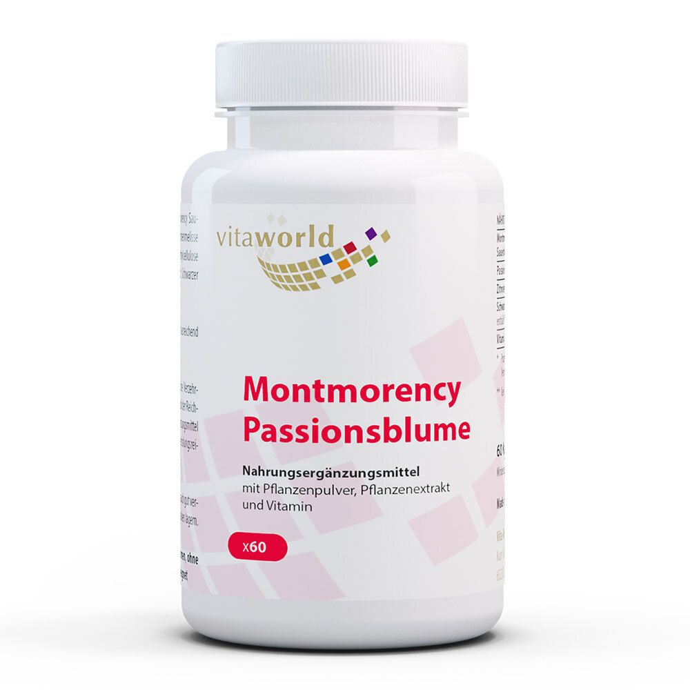Weiße Flasche mit Kapseln. Aufschrift: Montmorency Passionsblume, Nahrungsergänzungsmittel. Marke: vitaworld. x60 Kapseln.