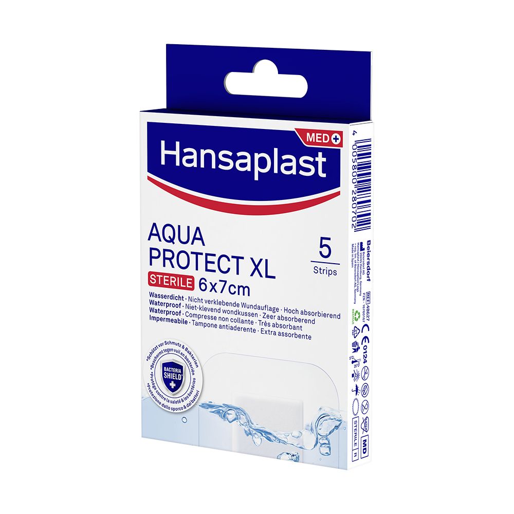 Verpackung Hansaplast AQUA PROTECT XL, 6x7cm, 5 sterile Pflaster. Wasserdicht, nicht verklebend, hoch absorbierend.
