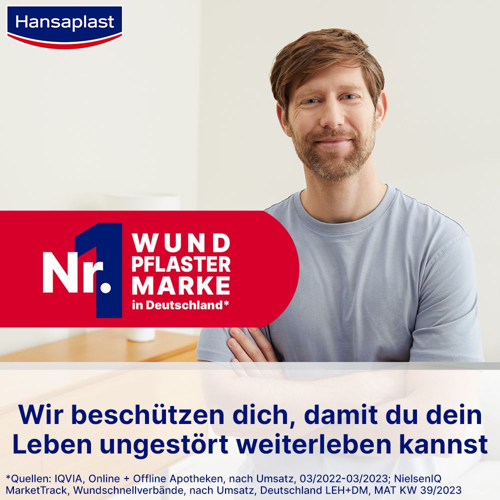 Mann mit Pflaster auf dem Finger. Text: Nr. 1 Wundpflaster Marke in Deutschland.