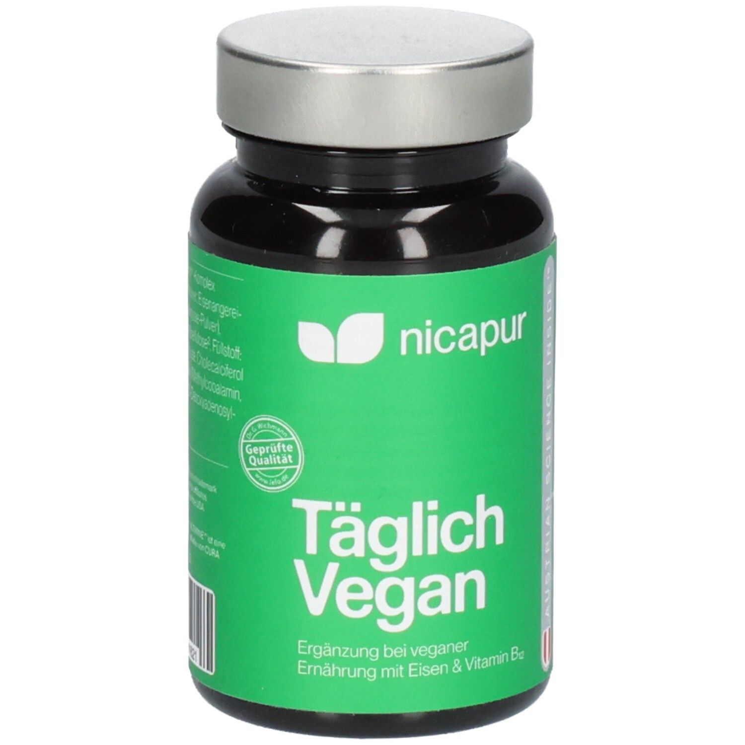 Nicapur Täglich Vegan Kapselbehälter mit silbernem Deckel und grünem Etikett.