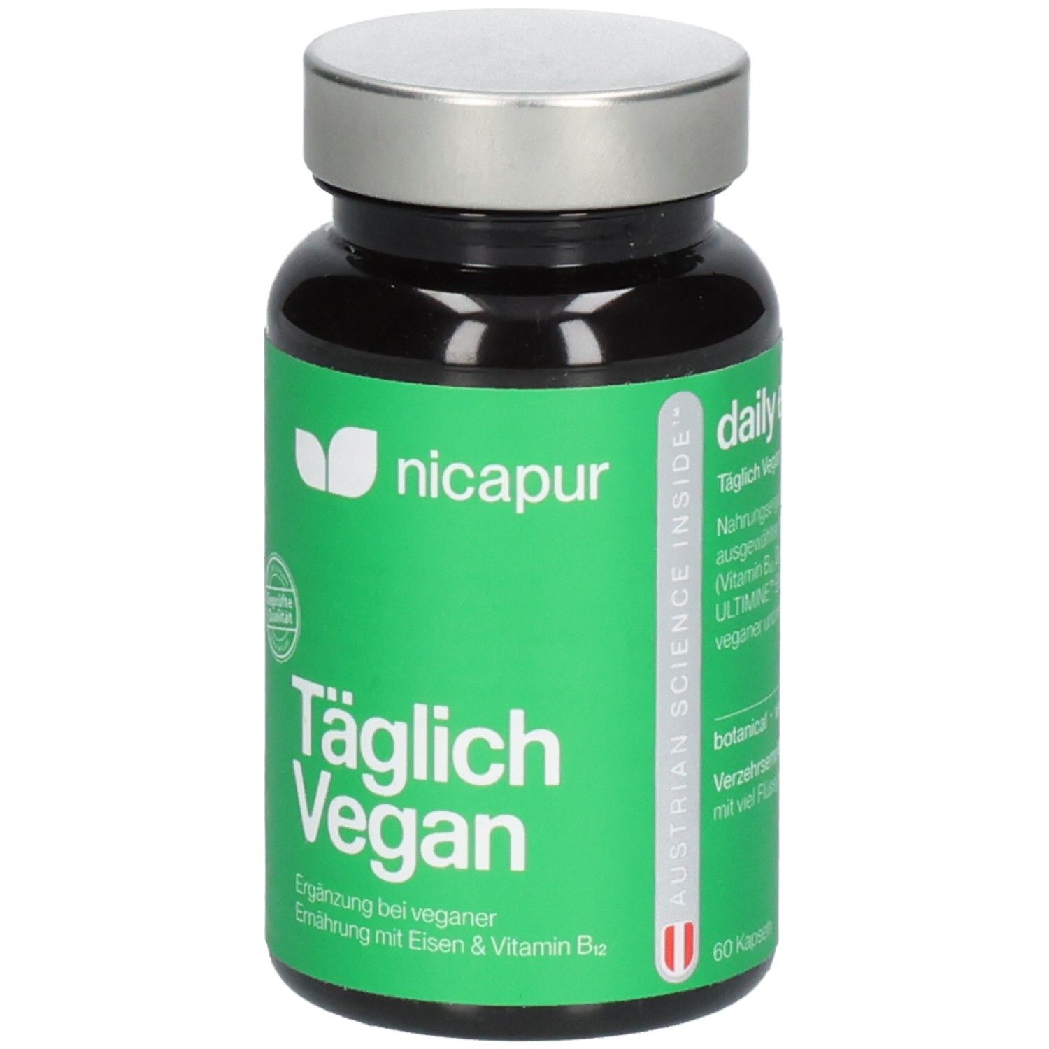 Grüne Flasche mit silbernem Deckel. Aufschrift: Nicapur, Täglich Vegan. Enthält 60 Kapseln. Vegan-Siegel.