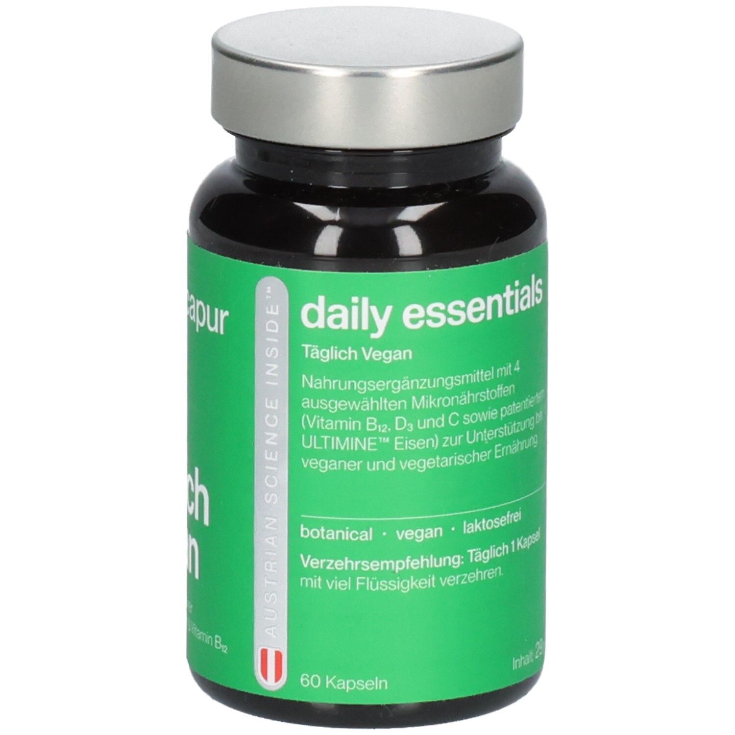 Grüne Flasche mit silbernem Deckel. Aufschrift: Nicapur, Daily Essentials, Täglich Vegan. 60 Kapseln.