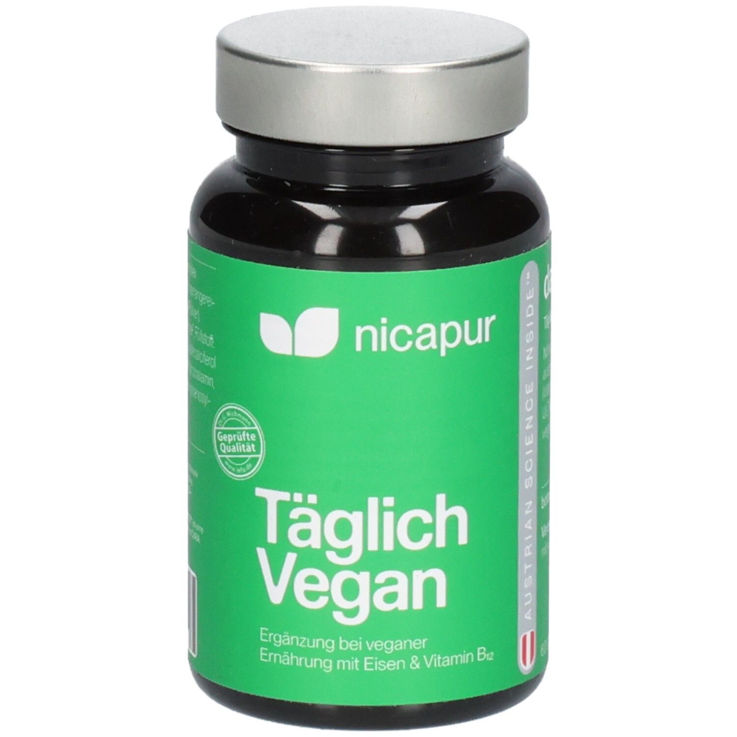 Grüne Flasche mit silbernem Deckel. Aufschrift: Nicapur, Täglich Vegan. Mit vegan-Siegel und geprüft Qualität.